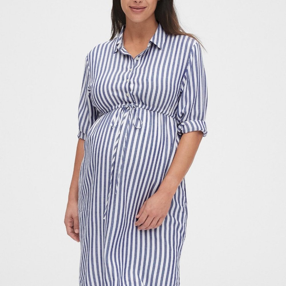 NWT Gap maternity midi shirt dress blue stripes M